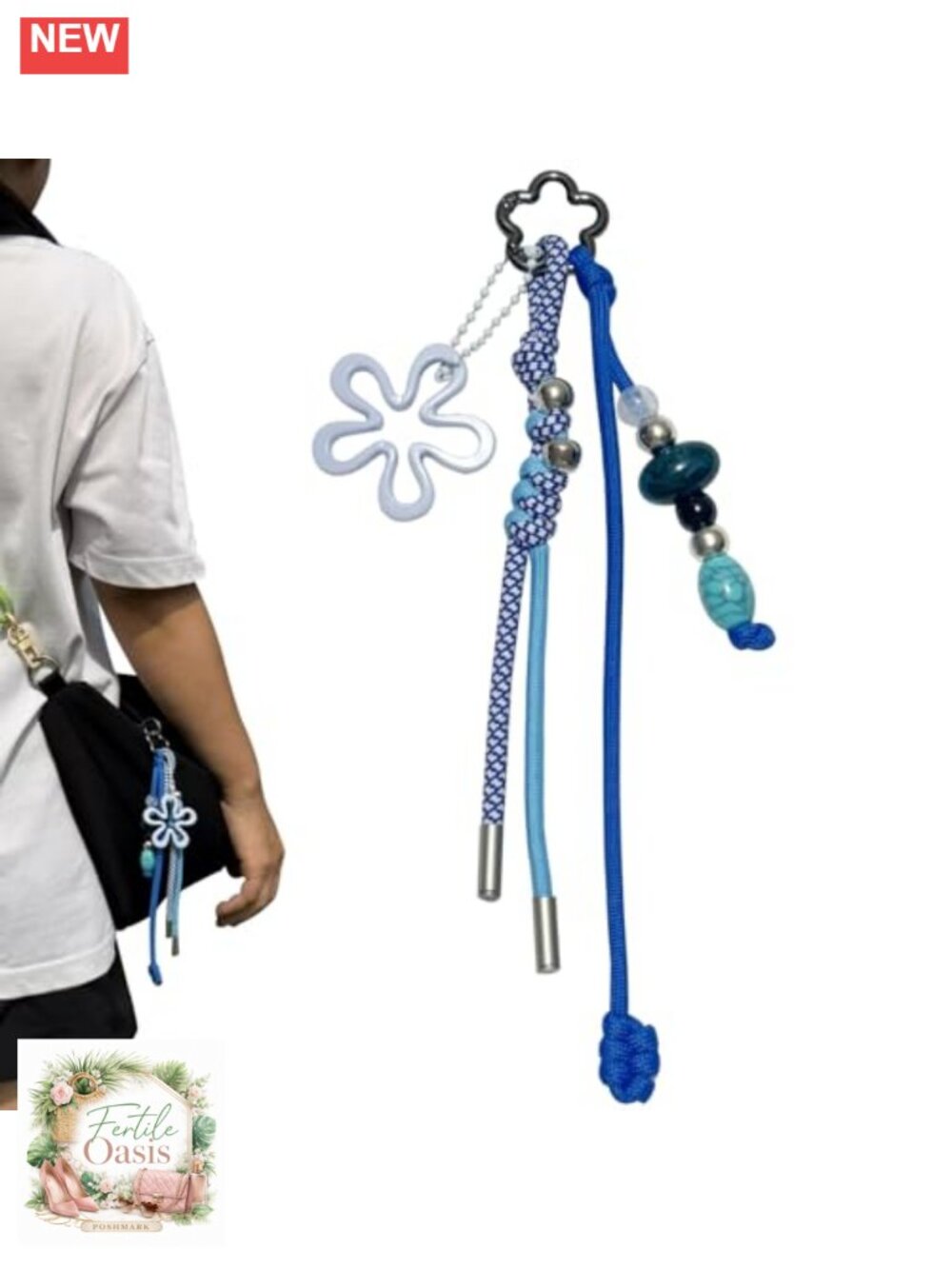 Handmade Braided Paracord Keychain with Carabiner Clip, Flower Charm, Bag